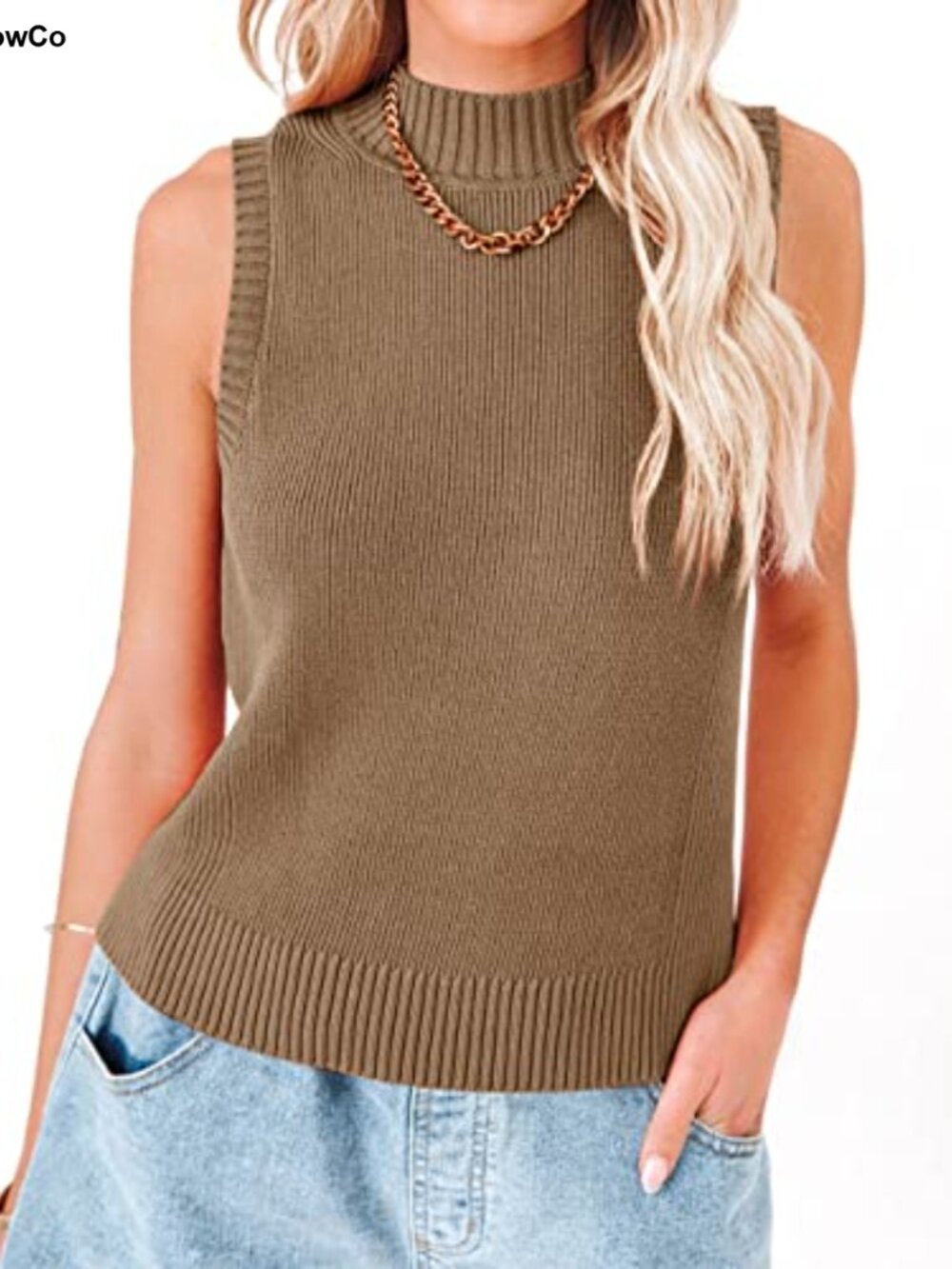 Ribbed Knit Tank Top Sleeveless Mock Neck Pullover Sweater Vest